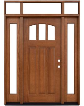 Craftsman 3 Lite Arch Stained Mahogany Wood Prehung Front Door with Sidelites and Transom