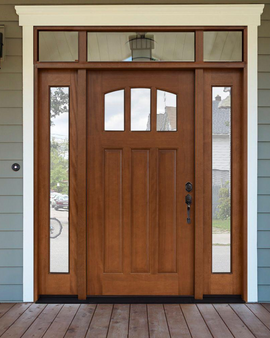 Craftsman 3 Lite Arch Stained Mahogany Wood Prehung Front Door with Sidelites and Transom