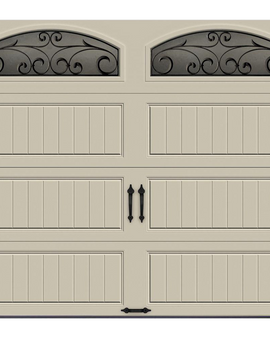 R-Value Intellicore Insulated Sandstone Garage Door with Wrought Iron Window