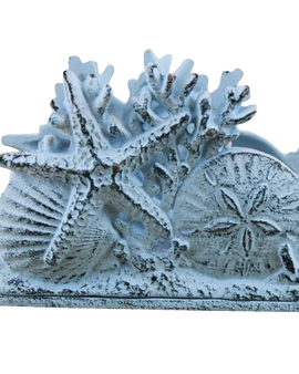 Rustic Whitewashed Cast Iron Seashell Napkin Holder 7 Inch