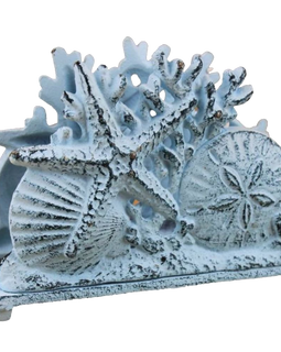 Rustic Whitewashed Cast Iron Seashell Napkin Holder 7 Inch