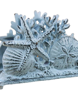 Rustic Whitewashed Cast Iron Seashell Napkin Holder 7 Inch